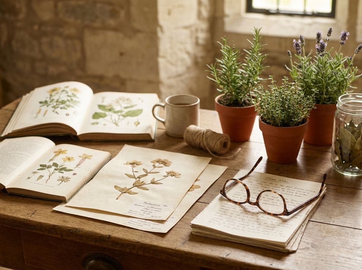 Materiali di studio: libri di botanica, erbario e appunti